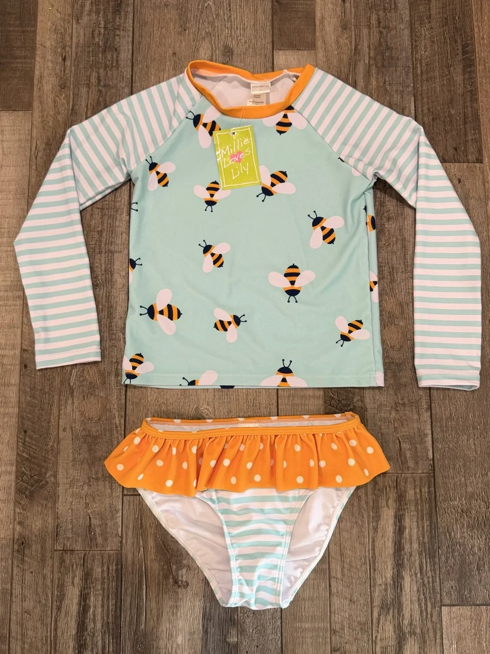 🐝 NWT Kids Bee Print Rash Guard Set - Mint & Orange